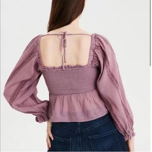 AEO Peasant Top Smocked Square Neck Off Shoulder Eyelet Lace Cropped Festival